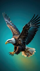 Obraz premium A powerful eagle in flight, its silhouette stark against a vibrant teal and turquoise gradient background, capturing the essence of freedom.