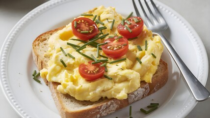 Fluffy scrambled eggs with chives and cherry tomatoes on buttered toast, served on white plate with fork
