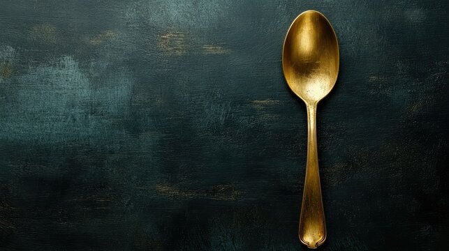 Minimalistic view of a single golden spoon isolated on a dark background, emphasizing its elegance and simplicity