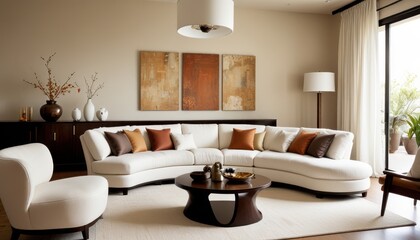 a sophisticated living room with a cozy, curved white sofa, accented by contemporary furnishings and warm tones.