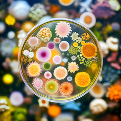A colorful petri dish showcases various microorganisms and vibrant colonies, creating a visually stunning display of nature's diversity.