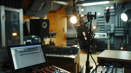 A podcast studio with professional audio equipment and soundproofing, Media production scene, Podcasting setup style