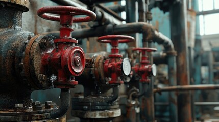 Pipes and red valves in an industrial setting, emphasizing the machinery and mechanics