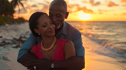 Serene Sunset Embrace - Heartwarming Moment of Love for Senior Mixed Ethnicity Couple on Beach at Dusk in 16:9 Ratio
