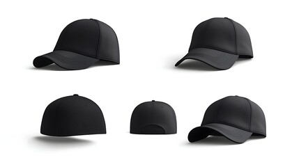 Set of black baseball caps isolated on white background
