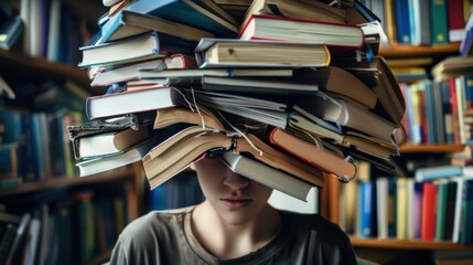 A portrait with many books emerging from a person's head, symbolizing intellectual curiosity, Contemporary lifestyle scene