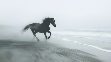 Fototapeta premium 20. A horse galloping across a beach, the scene so bright it appears almost surreal, washed out in overexposure