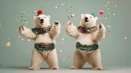 Joyful Polar Bears Dressed in Sparkling Holiday Confetti Outfits on Plain Background