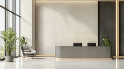 Modern reception area with a sleek desk, plant, and large windows showcasing a view.