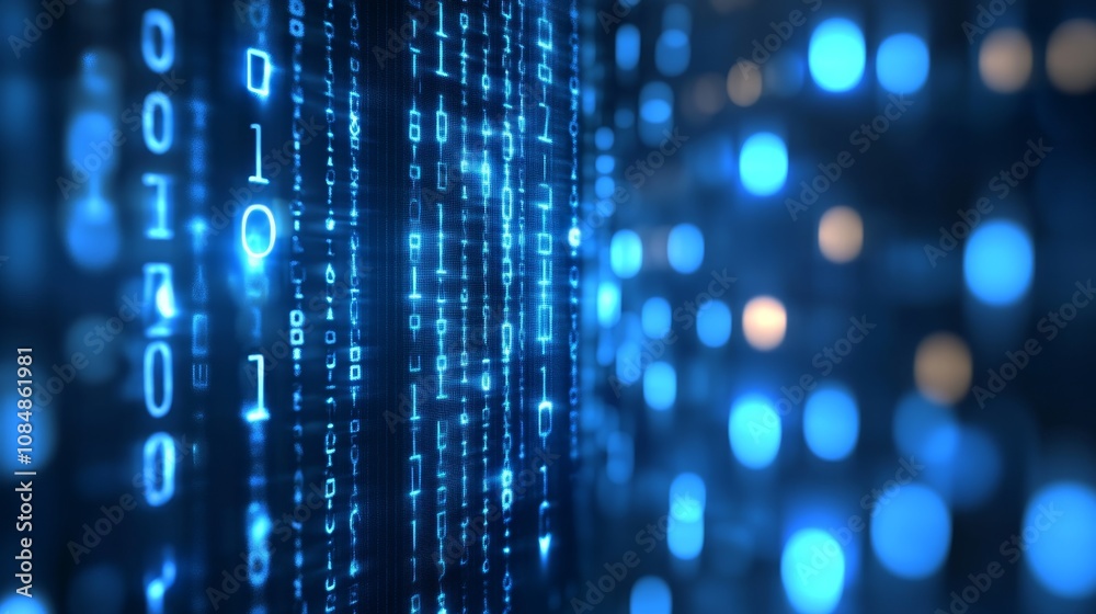 Poster a digital representation of binary code in a blue, glowing environment, symbolizing technology and d