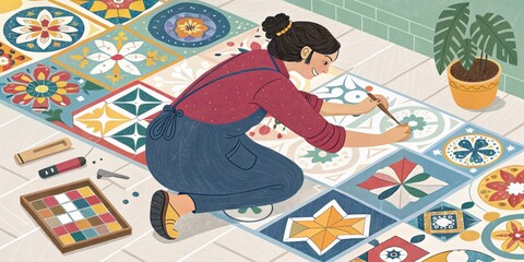 Skilled indian craftswoman meticulously paints intricate designs on ceramic tiles, showcasing the rich heritage of traditional art