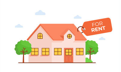 Fototapeta premium House for rent - A cozy house with a red roof and green trees, ready for rent. The 