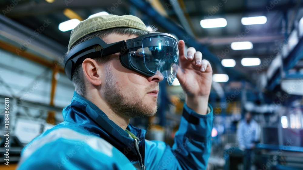 Poster A professional using augmented reality glasses for remote assistance and troubleshooting in industrial settings, symbolizing efficiency and technology in remote technical support