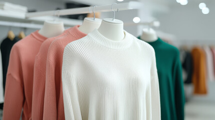 Fashion display of cozy knitwear in modern retail store showcasing stylish apparel in bright environment