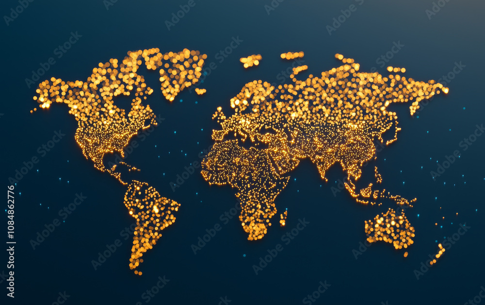 Wall mural illuminated global map visualization digital art abstract design dark background aerial perspective 