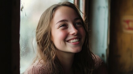 Fototapeta premium Confident young woman smiling beside a window with soft light