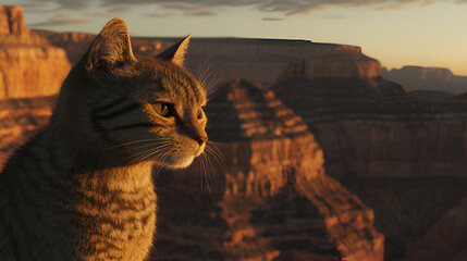Obraz premium A stunning tabby cat gazes over the expansive and colorful Grand Canyon at sunset, capturing a sense of adventure and natural beauty