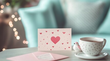 A Romantic Valentine s Day Card Lying on a Pastel Modern Home Coffee Table