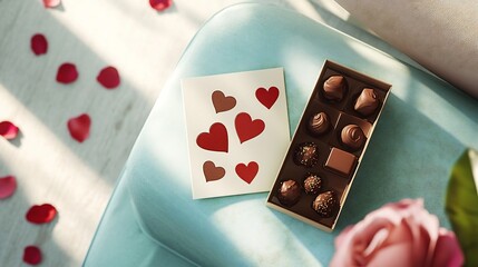 Elegant Valentine s Day Flatlay with Heart Shaped Card and Artisanal Chocolates