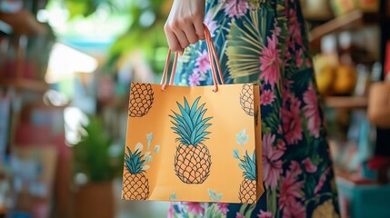 Woman s Hand Holding Paper Bag with Pineapple Design in Tropical Gift Emporium