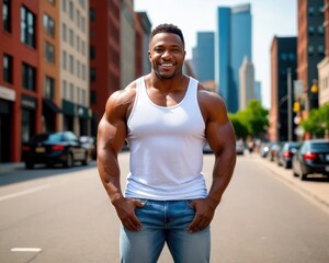 Muscular black man wearing white tank top and jeans standing on the street