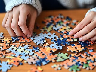 A person assembling a colorful jigsaw puzzle on a wooden table.
