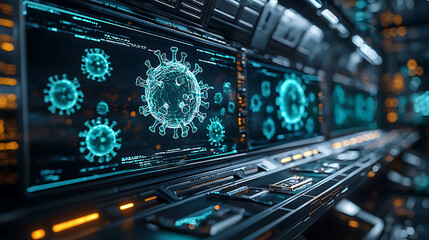 Futuristic hospital with AI technology predicting disease outbreaks, showcasing digital virus models. environment is high tech and innovative, emphasizing health and safety