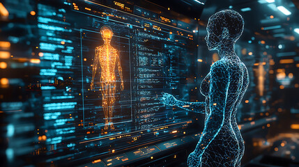 futuristic medical research lab with AI analyzing human anatomy. scene features holographic display of human skeleton, showcasing advanced technology and innovation