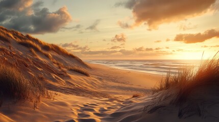 A picturesque sunset over a sandy beach with rolling dunes and a vibrant sky.