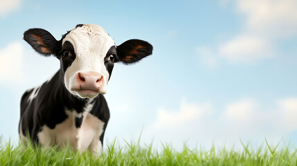 black and white cow standing in green grass under blue sky, looking curiously. This serene scene captures essence of rural life and nature beauty