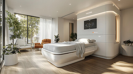 modern rehabilitation center room featuring AI assisted bed, large windows, and cozy seating area. design emphasizes comfort and technology for patient recovery