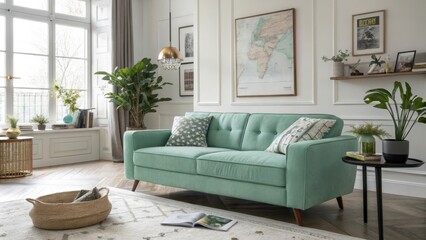 Fototapeta premium A serene living room features a light green sofa, complemented by potted plants and a world map print