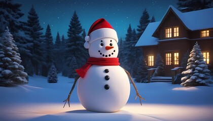 Obraz premium 3d illustration wallpaper of snowman wearing Christmas hat with house background.