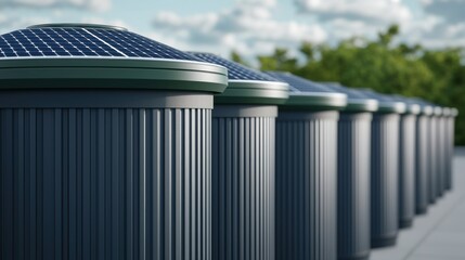 A row of modern, cylindrical containers topped with solar panels, set against a backdrop of greenery and cloudy skies.