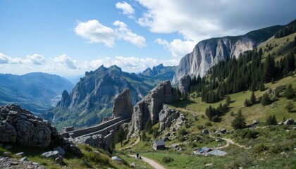 a view of a mountain range with a path going through it