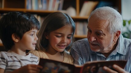 Obraz premium Intergenerational Bonding: Diverse Grandparents Sharing Stories with Kids in Close-Up, Joyful Setting