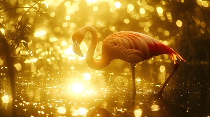 48. A flamingo standing in a wetland, its feathers glowing with the intensity of the sunlight causing an overexposed effect