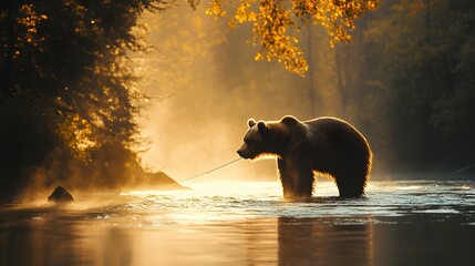49. A bear fishing in a river, its outline washed out by the bright light reflecting off the water