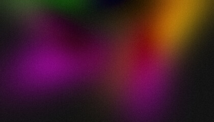 Abstract glowing colir gradient grainy background. Black purple orange green color noisy gradient, vibrant color flow, wave shaped, bright, shine, noise texture backdrop design