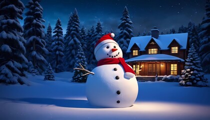 Naklejka premium 3d illustration wallpaper of snowman wearing Christmas hat with house background.