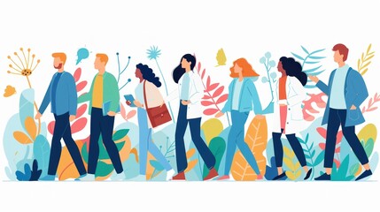 Fototapeta premium Diverse group of people walking in a park, representing unity, collaboration, and inclusivity.