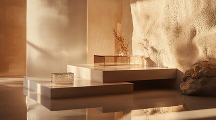 Modern serene interior with minimalistic design and soft lighting.
