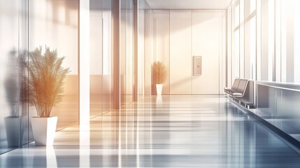 A modern, bright corridor featuring plant, seating, and large glass windows.