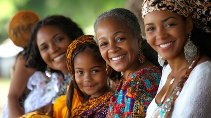 Fototapeta premium Cultural Connection: Joyful Generations in Traditional Attire Celebrating Family Bonds with Diverse Skin Tones in Sharp Focus