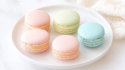 A colorful assortment of macarons displayed on a white plate, showcasing pastel shades and a delightful confectionery appeal.