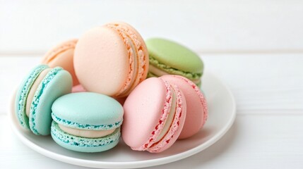 A colorful assortment of macarons on a white plate, showcasing pastel shades of pink, green, and blue, perfect for dessert lovers.