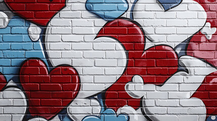 Obraz premium Colorful hearts painted on brick wall create vibrant and lively atmosphere. red, white, and blue colors symbolize love and joy, making it eye catching mural