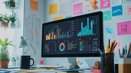 Data analysis dashboard displayed on a desktop computer in a modern office.
