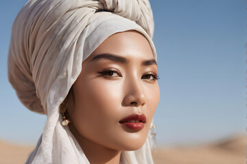 Fototapeta premium A woman wearing a white scarf and a red lipstick