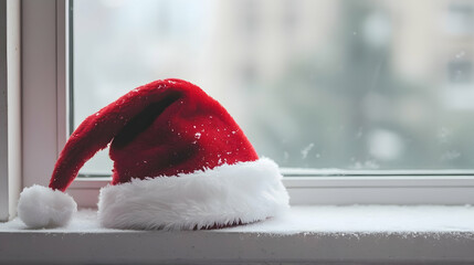 Santa's Hat on a Snowy Windowsill: A red Santa hat rests on a snowy windowsill, with a blurred cityscape in the background. The image evokes a sense of anticipation and festive cheer.
